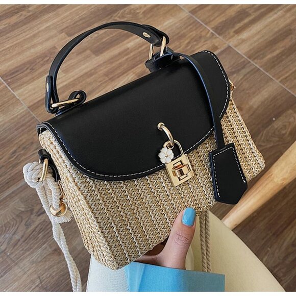 Black Straw Square Beach Bag for Women, Multi-Use Summer Purse - Picture 2 of 6